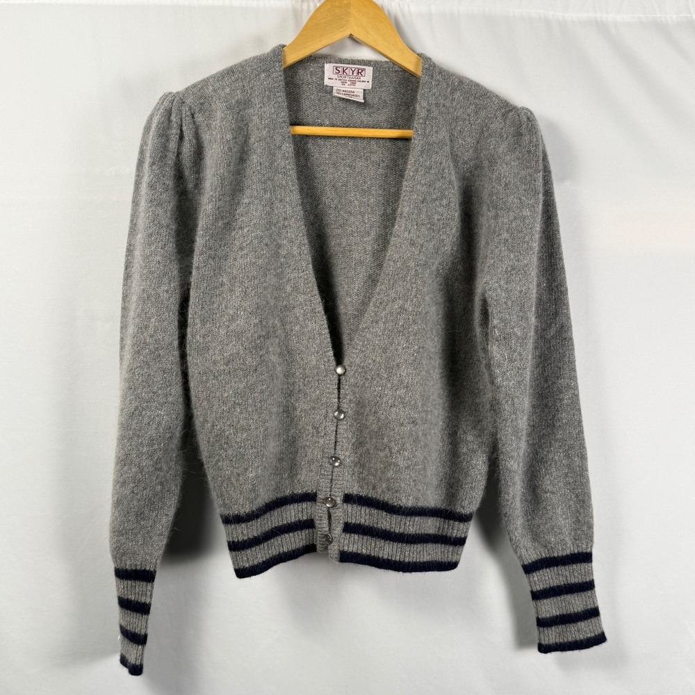 Skyr Sportswear Vintage Gray Angora Lambswool Puff Shoulder Cardigan Sweater 80s
